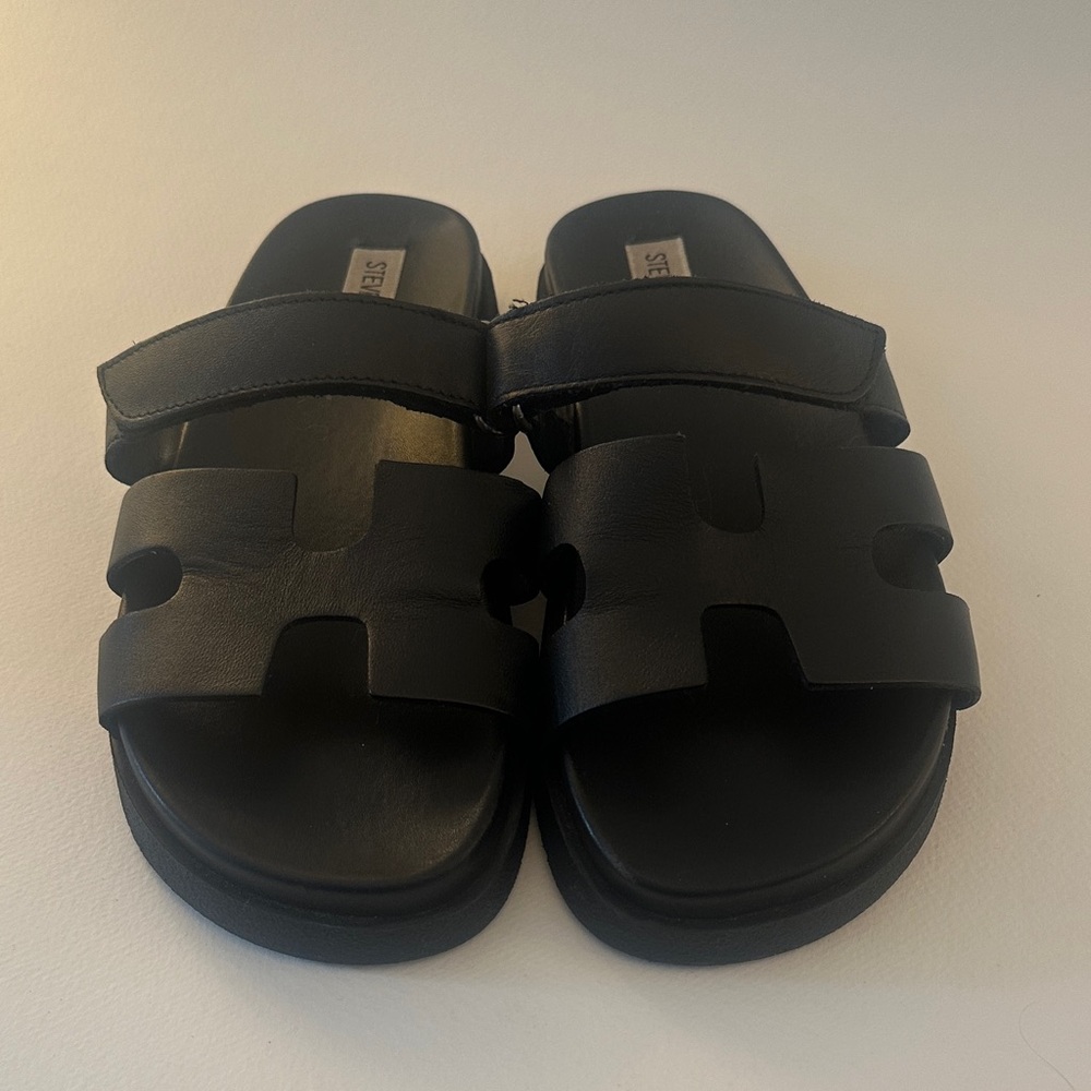 Steve Madden Black Leather Cut-Out Slide Sandals